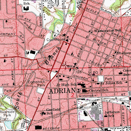 Topographic Map of Adrian Union Hall Historical Marker, MI