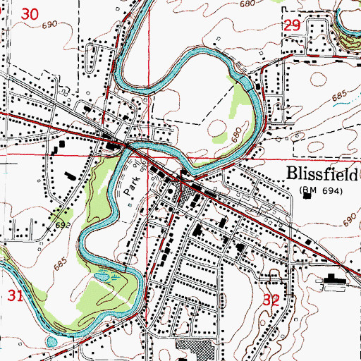 Topographic Map of Blissfield Hotel Historical Marker, MI