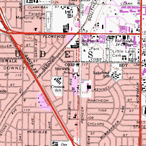 Topographic Map of Norwalk School, CA