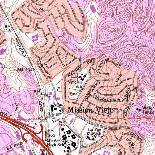 Topographic Map of Marguerite M O'Neill Elementary School, CA