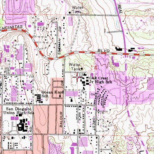 Topographic Map of Oak Crest Junior High School, CA