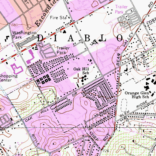 Topographic Map of Oak Hill Elementary School, CA