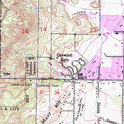 Topographic Map of Oakwood Cemetery, CA