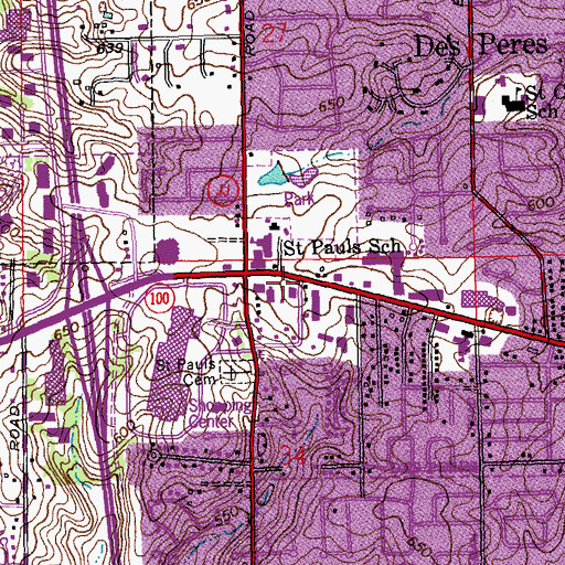 Topographic Map of Des Peres Baptist Church, MO
