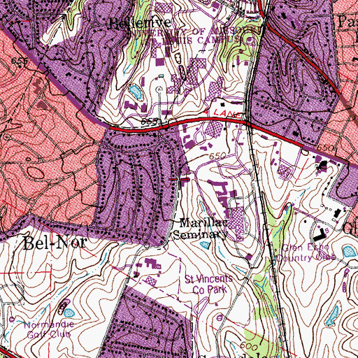 Topographic Map of Bellerive Hall, MO
