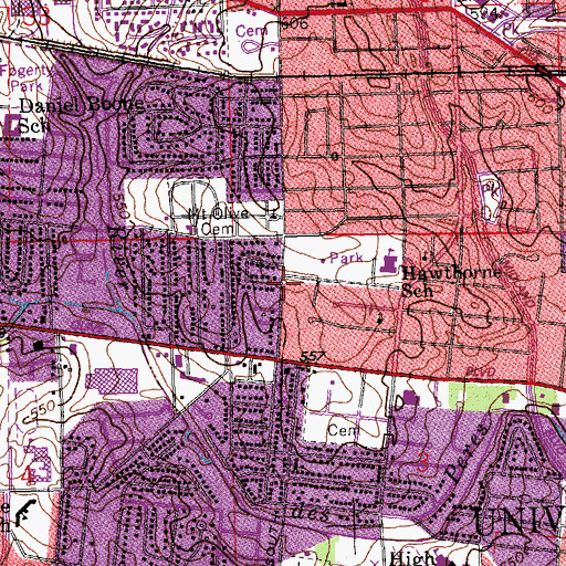 Topographic Map of University City Bible Chapel, MO