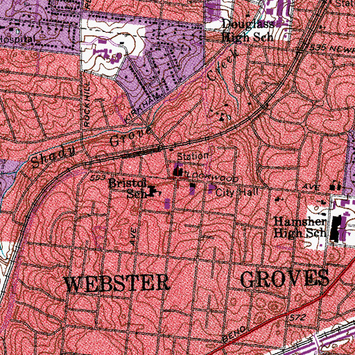 Topographic Map of Webster Groves Presbyterian Church, MO