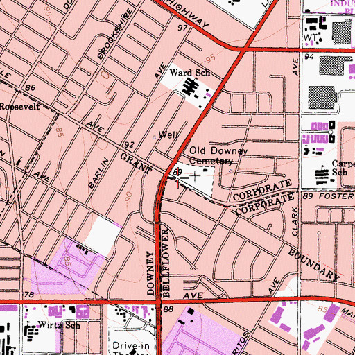Topographic Map of Downey Cemetery District, CA