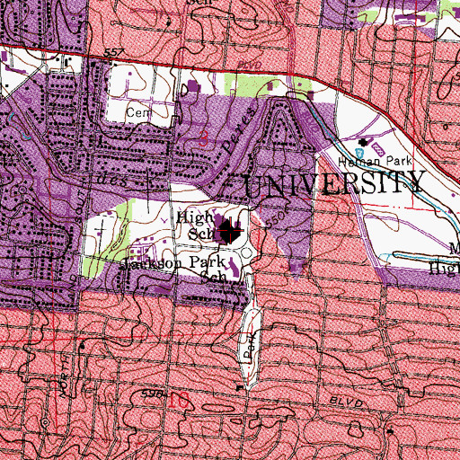 Topographic Map of University City High School, MO