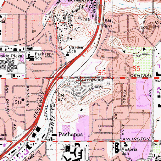 Topographic Map of Olivewood Memorial Park, CA