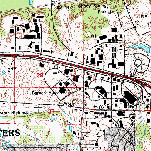 Topographic Map of Cave Springs Square Shopping Center, MO