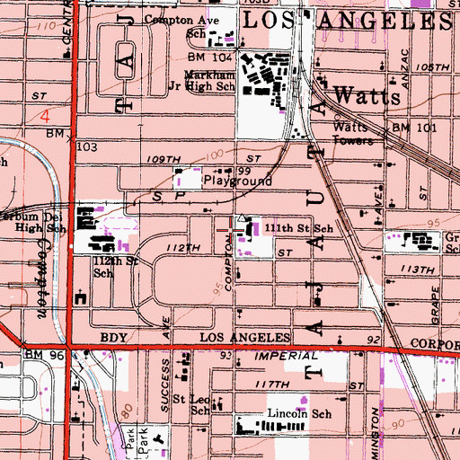Topographic Map of One Hundred Eleventh Street School, CA