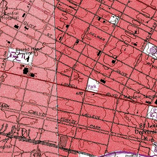 Topographic Map of Lindell Marketplace Shopping Center, MO