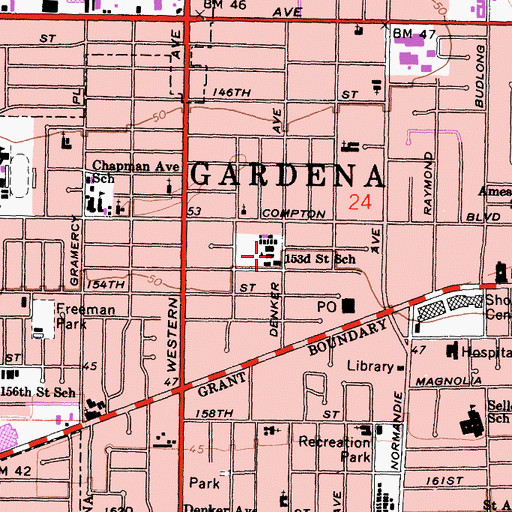 Topographic Map of One Hundred Fifty-Third Street Elementary School, CA