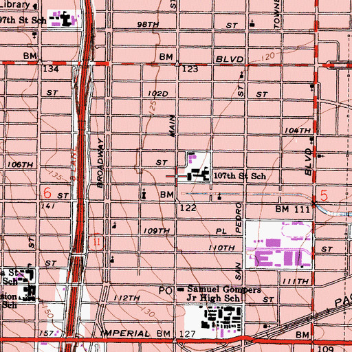 Topographic Map of One Hundred Seventh Street Elementary School, CA