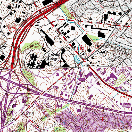 Topographic Map of Plaza at de Paul Shopping Center, MO