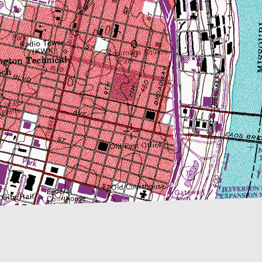 Topographic Map of Saint Louis Center Shopping Center, MO