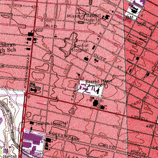 Topographic Map of Central West End, MO