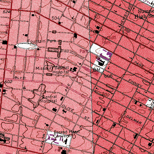 Topographic Map of Lewis Place, MO