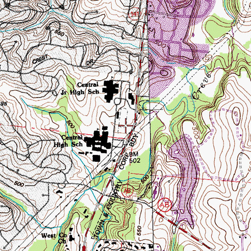 Topographic Map of Central Middle School, MO