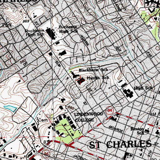 Topographic Map of Hardin Middle School, MO