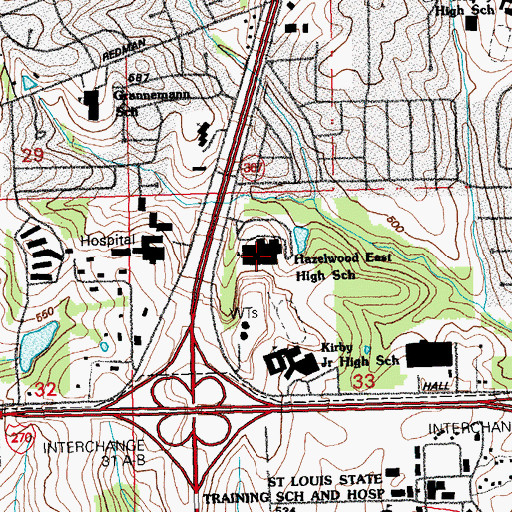 Topographic Map of Hazelwood East High School, MO