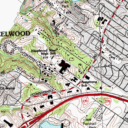 Topographic Map of Hazelwood West High School, MO