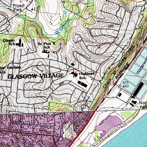 Topographic Map of Highland Elementary School, MO