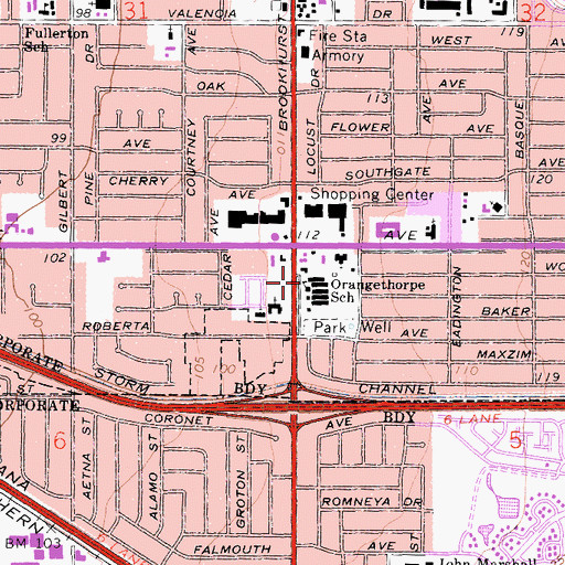 Topographic Map of Orangethorpe Elementary School, CA