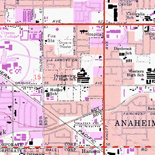 Topographic Map of Orangeview Junior High School, CA