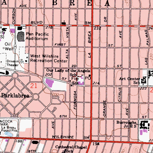 Topographic Map of Our Lady of the Angels School, CA