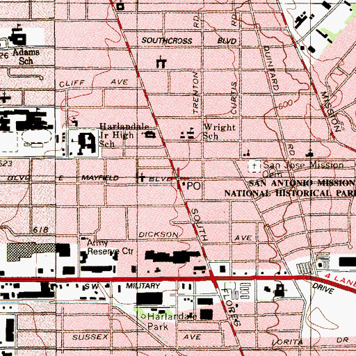 Topographic Map of Harlandale Post Office, TX