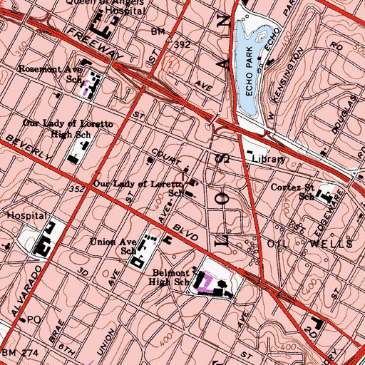 Topographic Map of Our Lady of Loretto School, CA