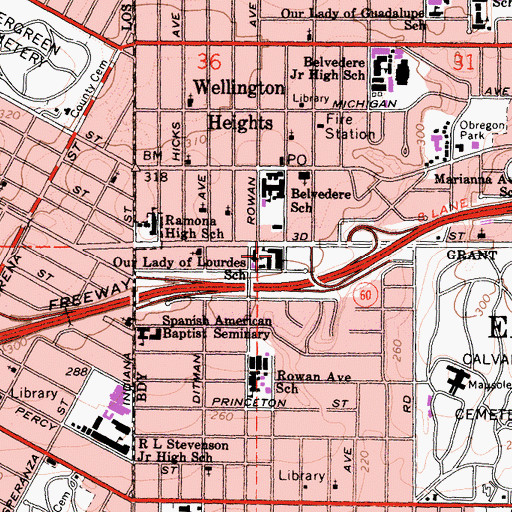 Topographic Map of Our Lady of Lourdes School, CA