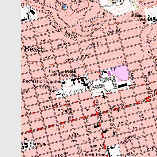 Topographic Map of Pacific Beach Middle School, CA