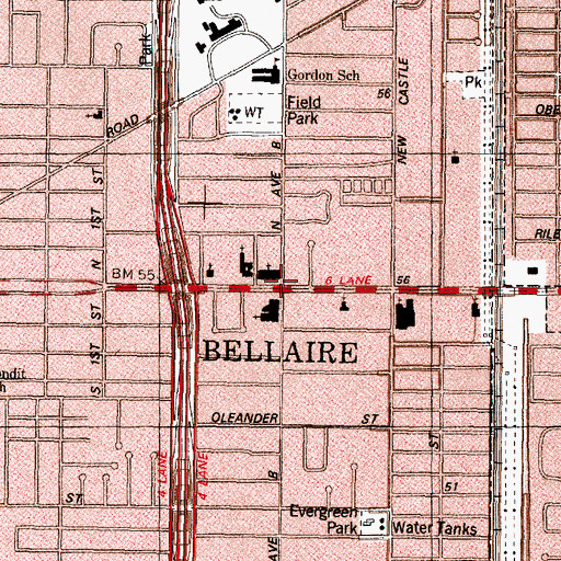 Topographic Map of Bellaire First Baptist Church, TX