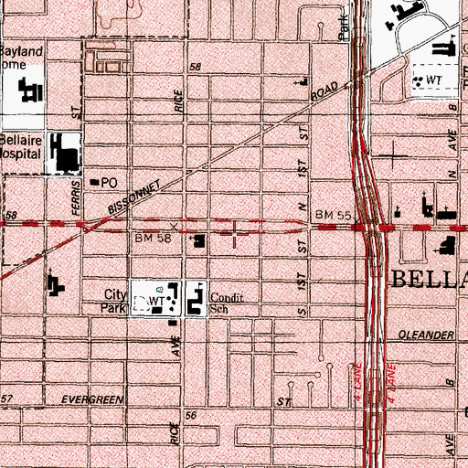 Topographic Map of Bellaire Chamber of Commerce, TX