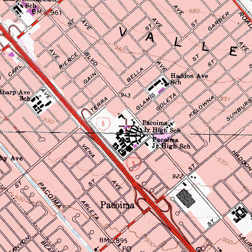 Topographic Map of Pacoima Middle School, CA