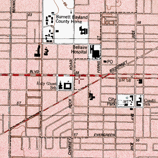 Topographic Map of Bellaire Triangle Shopping Center, TX