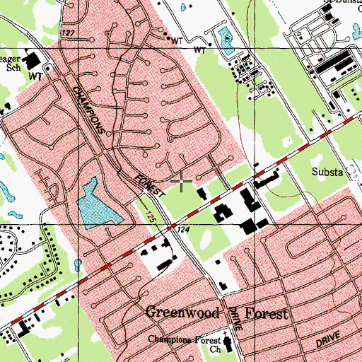 Topographic Map of Champions Forest Plaza Shopping Center, TX