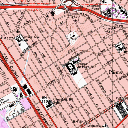 Topographic Map of Palms Middle School, CA