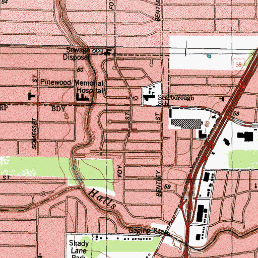 Topographic Map of Pinewood Village, TX