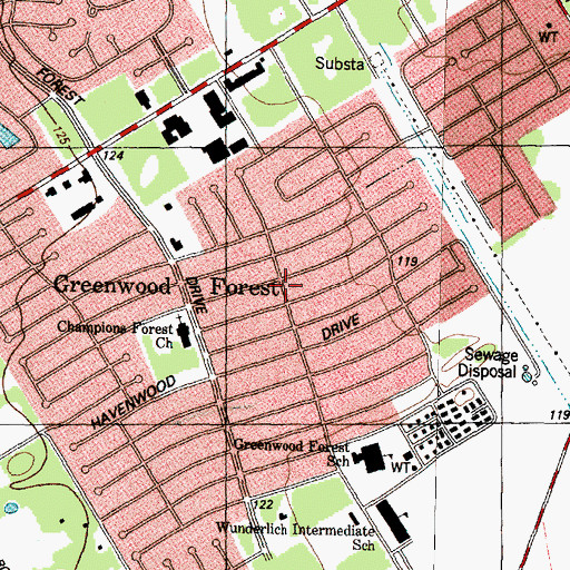 Topographic Map of Greenwood Forest, TX