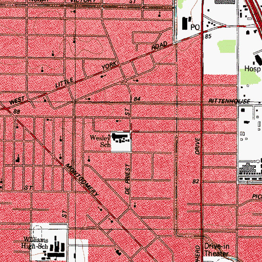 Topographic Map of Melrose Gardens, TX