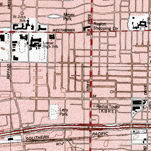 Topographic Map of Kirby Richmond Plaza Shopping Center, TX