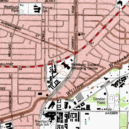 Topographic Map of Westbury Square Village Shopping Center, TX