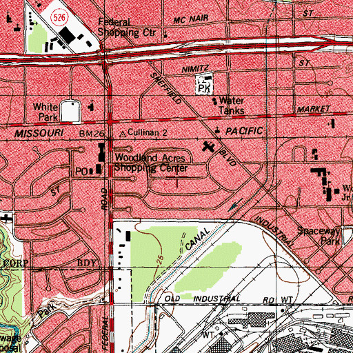 Topographic Map of Woodland Acres, TX