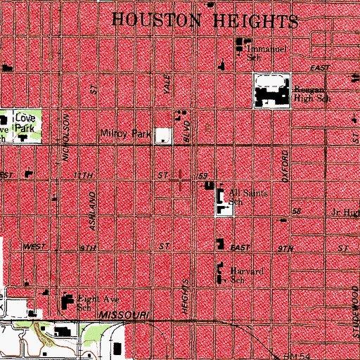 Topographic Map of Heights Post Office, TX