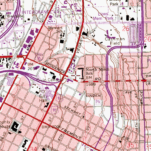 Topographic Map of Las Vegas Metropolitan Police Department Downtown Area Command, NV