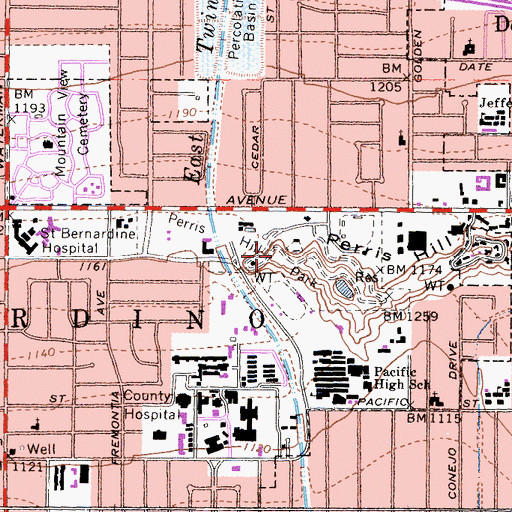 Topographic Map of Perris Hill Park, CA
